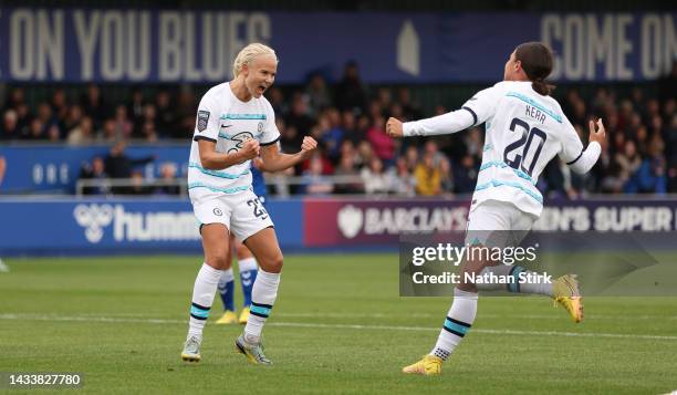 Pernille Harder of Chelsea celebrates after she scores their second goal during the FA Women's Super League match between Everton FC and Chelsea at...