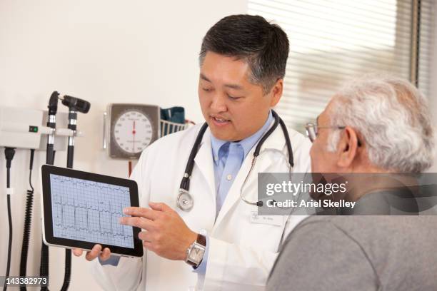 doctor using digital tablet to talk to senior man - doctor looking over shoulder stock pictures, royalty-free photos & images