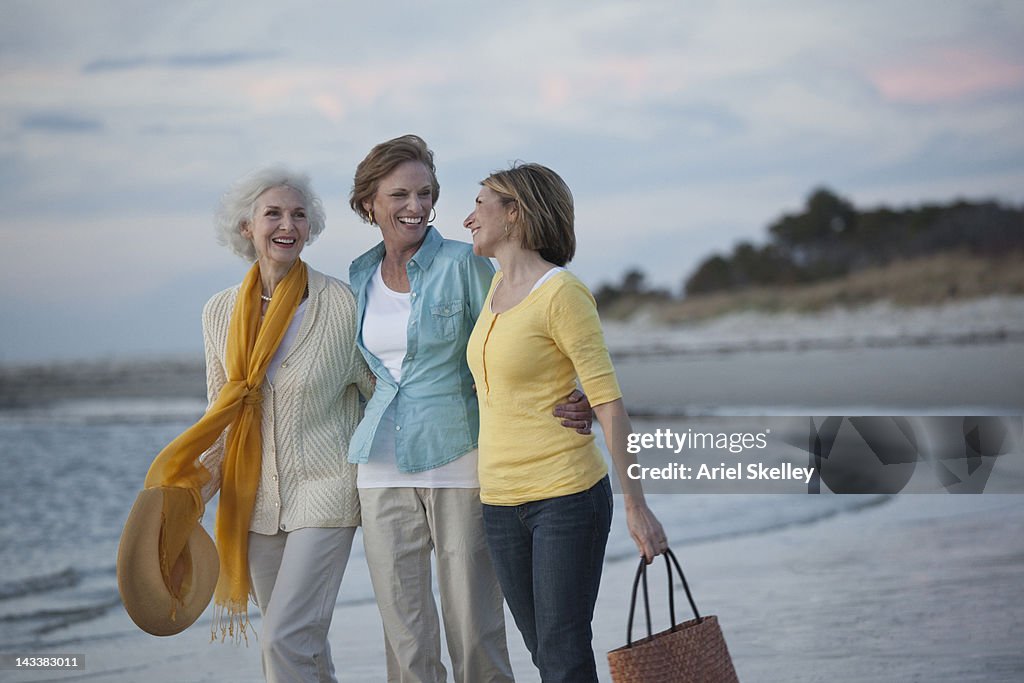 Caucasian women walking on beach