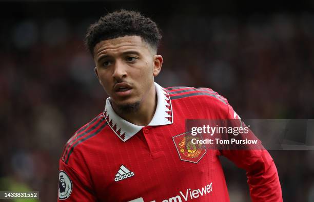 Jadon Sancho of Manchester United in action during the Premier League match between Manchester United and Newcastle United at Old Trafford on October...