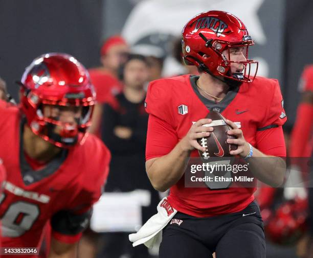 Quarterback Harrison Bailey of the UNLV Rebels looks to throw against the Air Force Falcons during their game at Allegiant Stadium on October 15,...