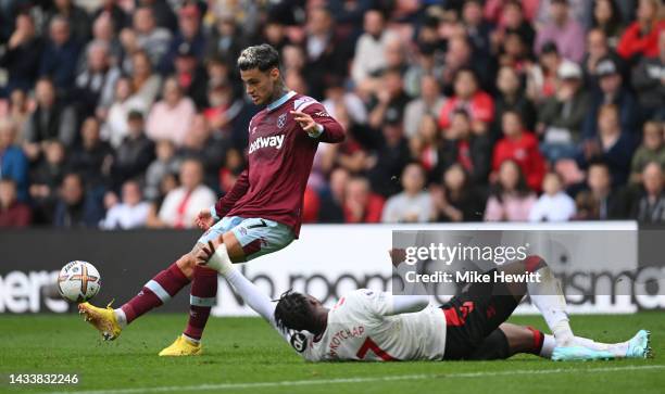 Gianluca Scamacca of West Ham United passes the ball during the Premier League match between Southampton FC and West Ham United at Friends Provident...