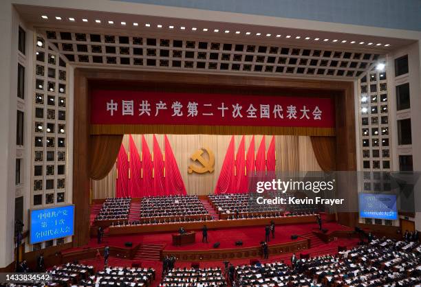 Chinese President Xi Jinping speaks during the Opening Ceremony of the 20th National Congress of the Communist Party of China at The Great Hall of...