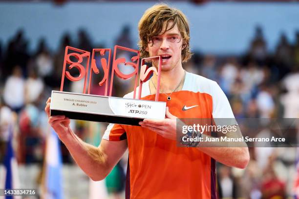 Andrey Rublev of Russia holds the trophy following his victory against Sebastian Korda of USA during their Men's Singles Final match on day seven of...
