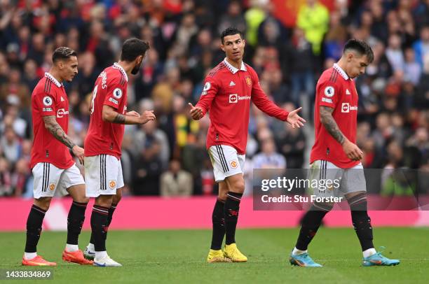 Cristiano Ronaldo and Bruno Fernandes of Manchester United interact during the Premier League match between Manchester United and Newcastle United at...