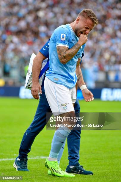 Ciro Immobile of SS Lazio leaves the field after injury during the Serie A match between SS Lazio and Udinese Calcio at Stadio Olimpico on October...