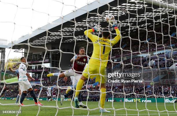 Kepa Arrizabalaga of Chelsea makes a save from Danny Ings of Aston Villa during the Premier League match between Aston Villa and Chelsea FC at Villa...