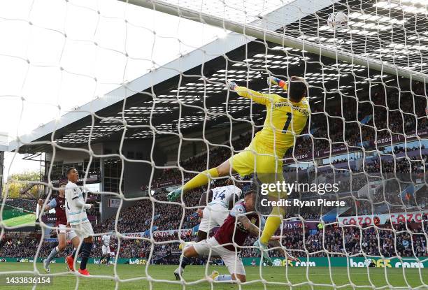 Kepa Arrizabalaga of Chelsea makes a save from Danny Ings of Aston Villa during the Premier League match between Aston Villa and Chelsea FC at Villa...