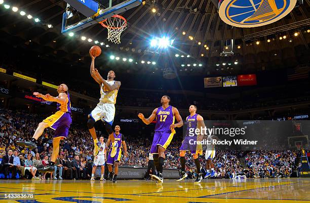 Mickell Gladness of the Golden State Warriors goes up for the shot against the Los Angeles Lakers on April 18, 2012 at Oracle Arena in Oakland,...