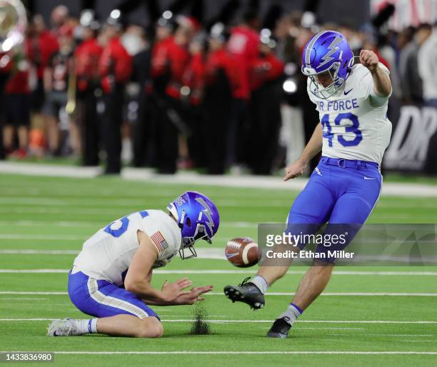 Punter Carson Bay and place kicker Matthew Dapore of the Air Force Falcons warm up before their game against the UNLV Rebels at Allegiant Stadium on...