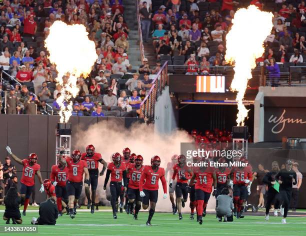 The UNLV Rebels take the field for a game against the Air Force Falcons at Allegiant Stadium on October 15, 2022 in Las Vegas, Nevada. The Falcons...
