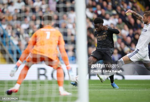 Bukayo Saka of Arsenal scores their team's first goal during the Premier League match between Leeds United and Arsenal FC at Elland Road on October...