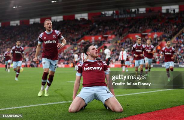 Declan Rice of West Ham United celebrates after scoring their side's first goal during the Premier League match between Southampton FC and West Ham...