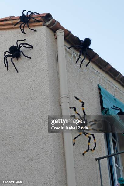 black spiders on white facade - cross religion stock-fotos und bilder