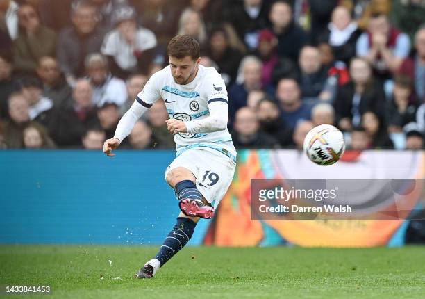 Mason Mount of Chelsea scores their team's second goal during the Premier League match between Aston Villa and Chelsea FC at Villa Park on October...