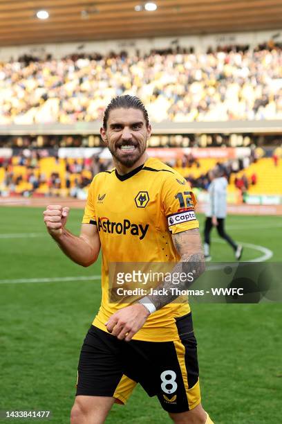 Ruben Neves of Wolverhampton Wanderers celebrates following victory in the Premier League match between Wolverhampton Wanderers and Nottingham Forest...