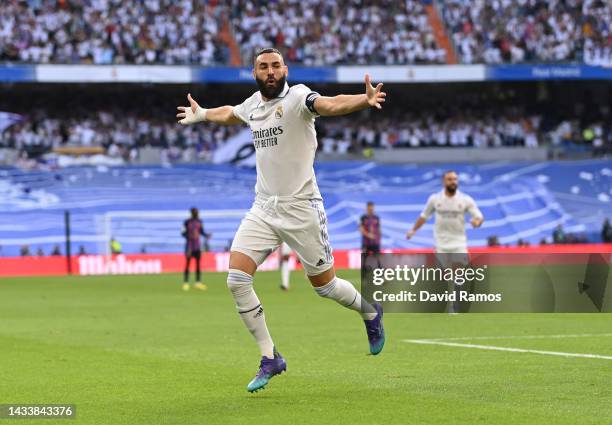 Karim Benzema of Real Madrid celebrates after scoring their team's first goal during the LaLiga Santander match between Real Madrid CF and FC...