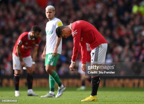 Cristiano Ronaldo of Manchester United reacts to being substituted during the Premier League match between Manchester United and Newcastle United at...