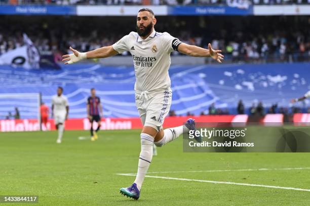 Karim Benzema of Real Madrid celebrates after scoring their team's first goal during the LaLiga Santander match between Real Madrid CF and FC...
