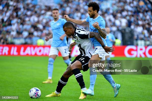 Felipe Anderson of SS Lazio compete for the ball with Wallace of Udinese Calcio during the Serie A match between SS Lazio and Udinese Calcio at...