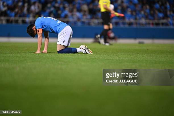 Tatsuya HASEGAWA of Yokohama FC react after the J.LEAGUE Meiji Yasuda J2 41st Sec. Match between Yokohama FC and Zweigen Kanazawa at NHK Spring...