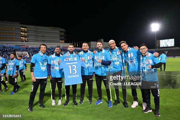 Yokohama FC players celeberate their team's promotion to the J1after the J.LEAGUE Meiji Yasuda J2 41st Sec. Match between Yokohama FC and Zweigen...