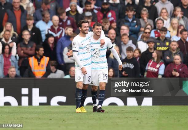 Mason Mount of Chelsea celebrates with teammates after scoring their team's second goal during the Premier League match between Aston Villa and...