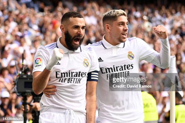 Karim Benzema of Real Madrid celebrates after scoring their team's first goal during the LaLiga Santander match between Real Madrid CF and FC...
