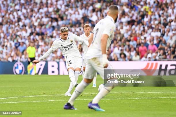 Federico Valverde of Real Madrid scores their team's second goal during the LaLiga Santander match between Real Madrid CF and FC Barcelona at Estadio...