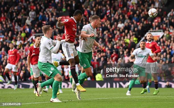 Marcus Rashford of Manchester United takes a shot during the Premier League match between Manchester United and Newcastle United at Old Trafford on...