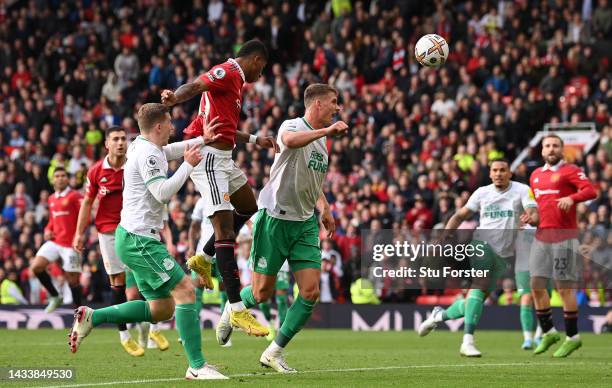 Marcus Rashford of Manchester United takes a shot during the Premier League match between Manchester United and Newcastle United at Old Trafford on...