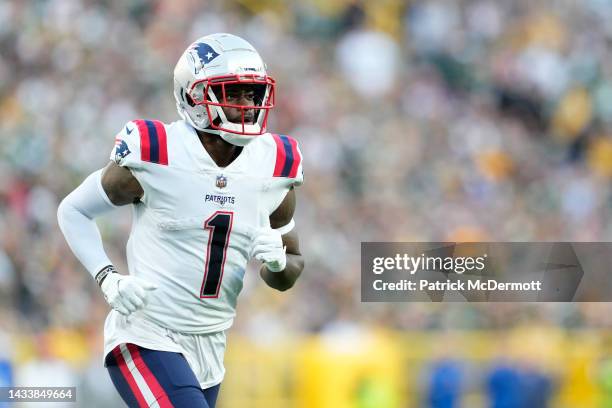 DeVante Parker of the New England Patriots in action against the Green Bay Packers in the second half at Lambeau Field on October 02, 2022 in Green...