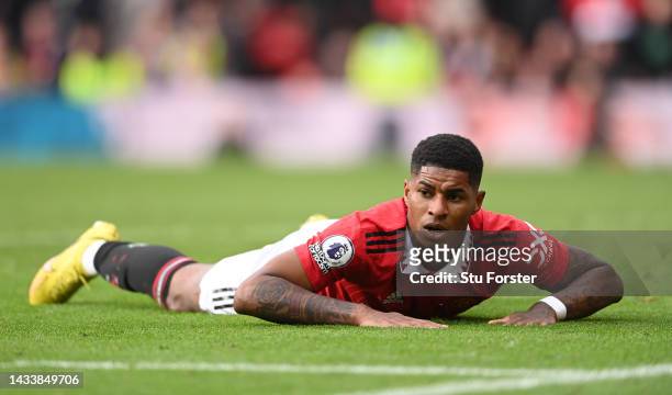 Marcus Rashford of Manchester United reacts after heading over the bar during the Premier League match between Manchester United and Newcastle United...