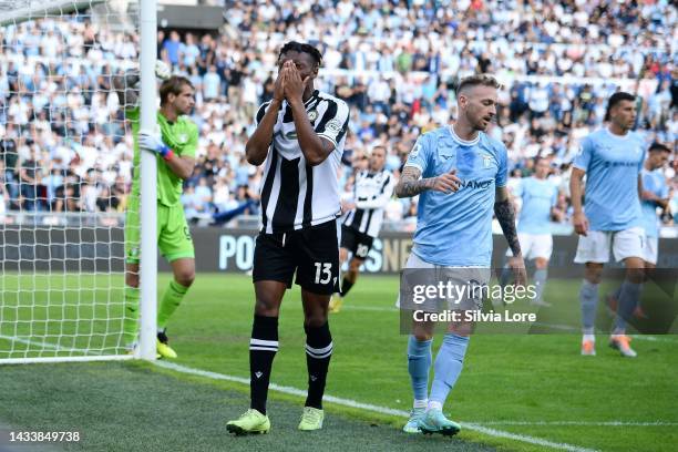 Destiny Udogie of Udinese Calcio react after missing a chance to score during the Serie A match between SS Lazio and Udinese Calcio at Stadio...