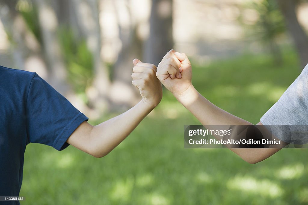 Young friends doing fist bump, cropped