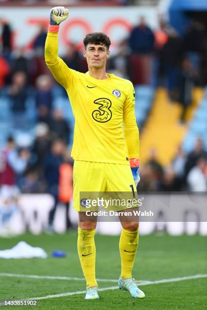 Kepa Arrizabalaga of Chelsea celebrates after their sides victory during the Premier League match between Aston Villa and Chelsea FC at Villa Park on...