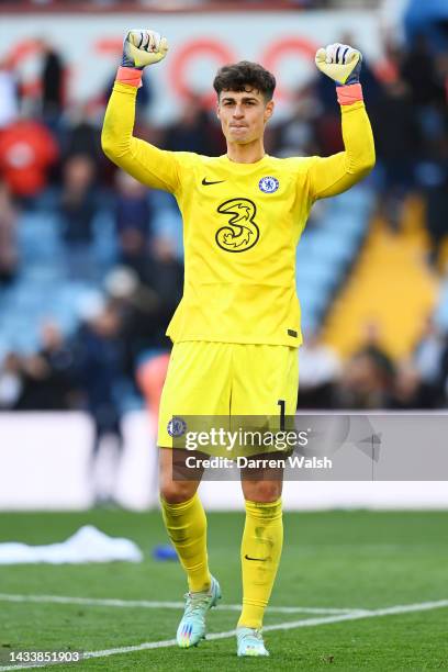 Kepa Arrizabalaga of Chelsea celebrates after their sides victory during the Premier League match between Aston Villa and Chelsea FC at Villa Park on...