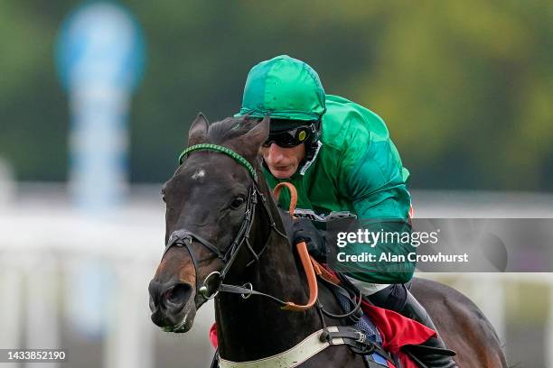 Daryl Jacob riding Sceau Royal clear the last to win The Bet At racingtv.com Hurdle at Kempton Park on October 16, 2022 in Sunbury, England.