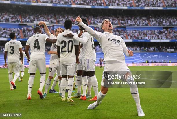 Federico Valverde of Real Madrid celebrates after scoring their team's second goal during the LaLiga Santander match between Real Madrid CF and FC...