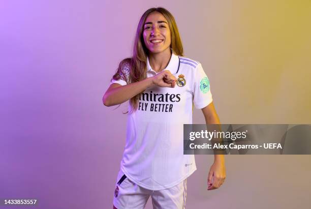 Olga Carmona Garcia of Real Madrid CF poses for a photo during the Real Madrid CF UEFA Women's Champions League Portrait session at Valdebebas...