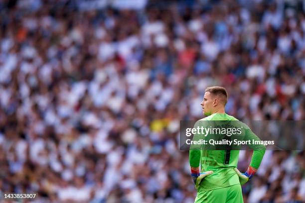 Marc Andre Ter Stegen of FC Barcelona looks on during the LaLiga Santander match between Real Madrid CF and FC Barcelona at Estadio Santiago Bernabeu...