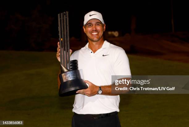 Team Captain Brooks Koepka of Smash GC celebrates with the individual award during day three of the LIV Golf Invitational - Jeddah at Royal Greens...