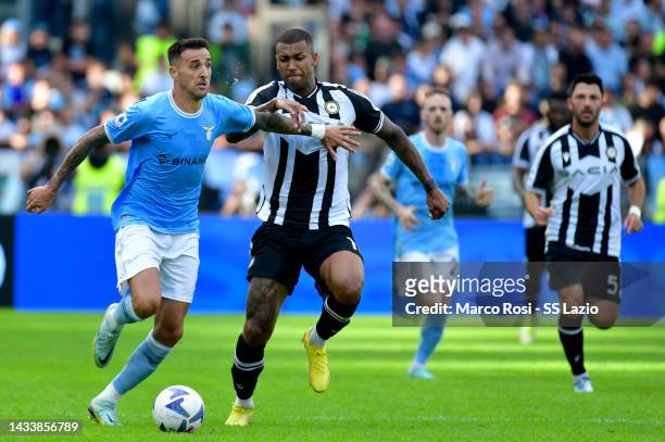 Matias Vecino of SS Lazio compete for the ball with Wallace of Udinese Calcio during the Serie A match between SS Lazio and Udinese Calcio at Stadio...