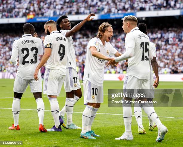 Federico Valverde player of Real Madrid celebreating goal with teammates during the LaLiga Santander match between Real Madrid CF and FC Barcelona at...