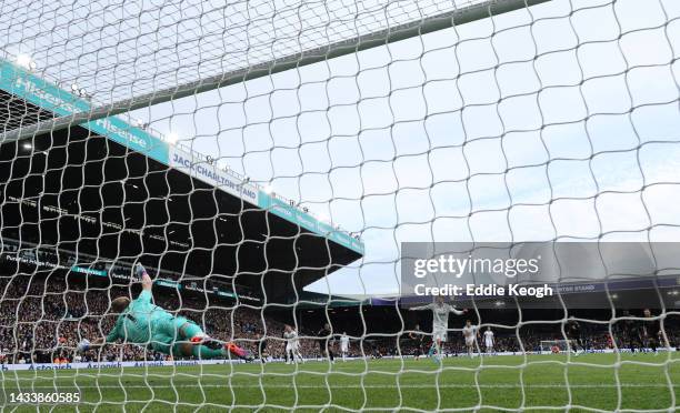 Patrick Bamford of Leeds United misses a penalty as Aaron Ramsdale of Arsenal dives during the Premier League match between Leeds United and Arsenal...