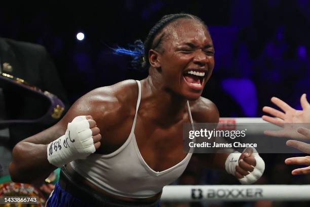 Claressa Shields celebrates after victory in the IBF, WBA, WBC, WBO World Middleweight Title fight between Claressa Shields and Savannah Marshall on...