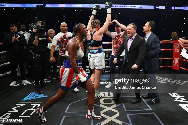Claressa Shields celebrates after victory in the IBF, WBA, WBC, WBO World Middleweight Title fight between Claressa Shields and Savannah Marshall on...