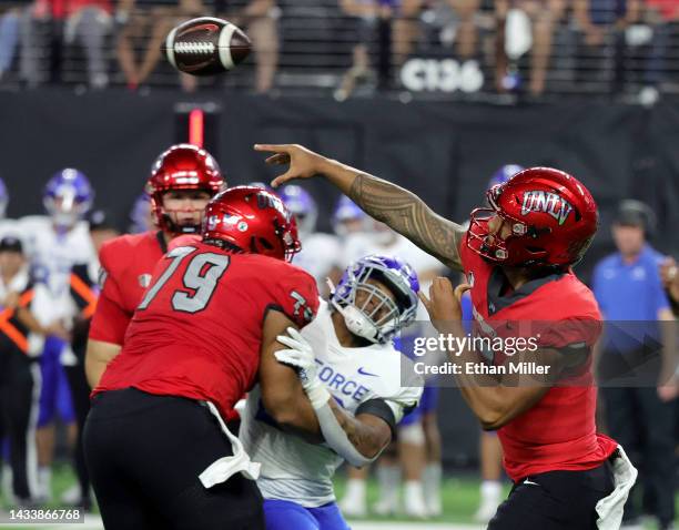 Quarterback Cameron Friel of the UNLV Rebels throws against the Air Force Falcons during their game at Allegiant Stadium on October 15, 2022 in Las...