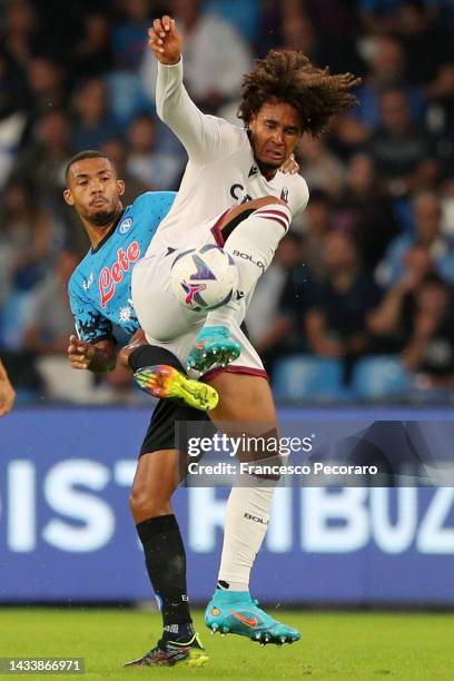 Juan Jesus of SSC Napoli battles for possession with Joshua Zirkzee of Bologna FC during the Serie A match between SSC Napoli and Bologna FC at...