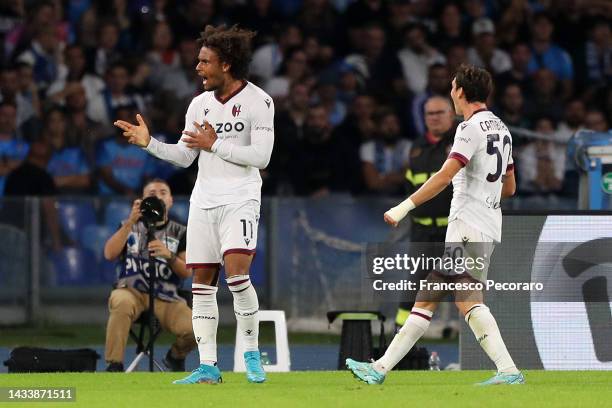 Joshua Zirkzee of Bologna FC celebrates after scoring the 0-1 goalduring the Serie A match between SSC Napoli and Bologna FC at Stadio Diego Armando...